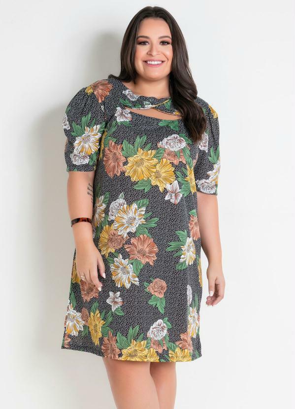 Vestido (Floral Po) Plus Size com Vazado