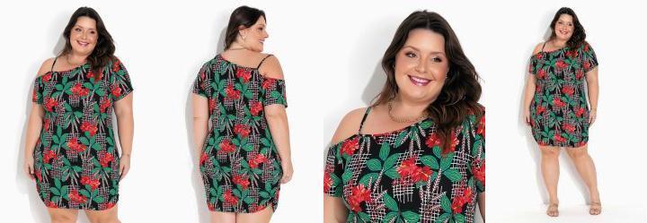 Vestido Floral Preto Assimtrico Plus Size