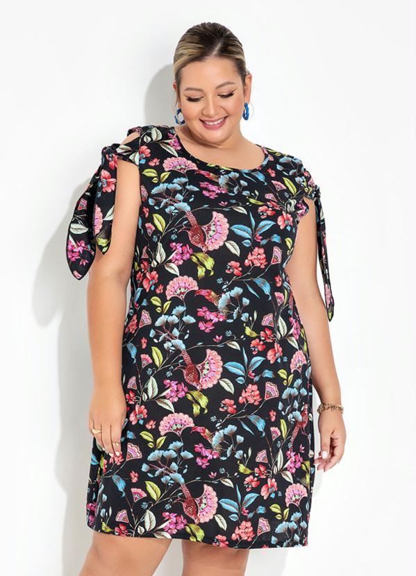 Queima Estoque - Vestido Floral Preto com Amarração Plus Size 1