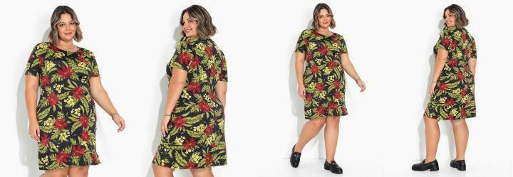 Vestido Floral Preto com Babado Plus Size