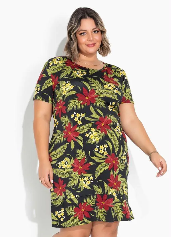 Marguerite - Vestido Floral Preto com Babado Plus Size