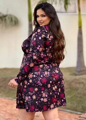 Marguerite - Vestido Floral Preto com Botões Plus Size - MARGUERITE