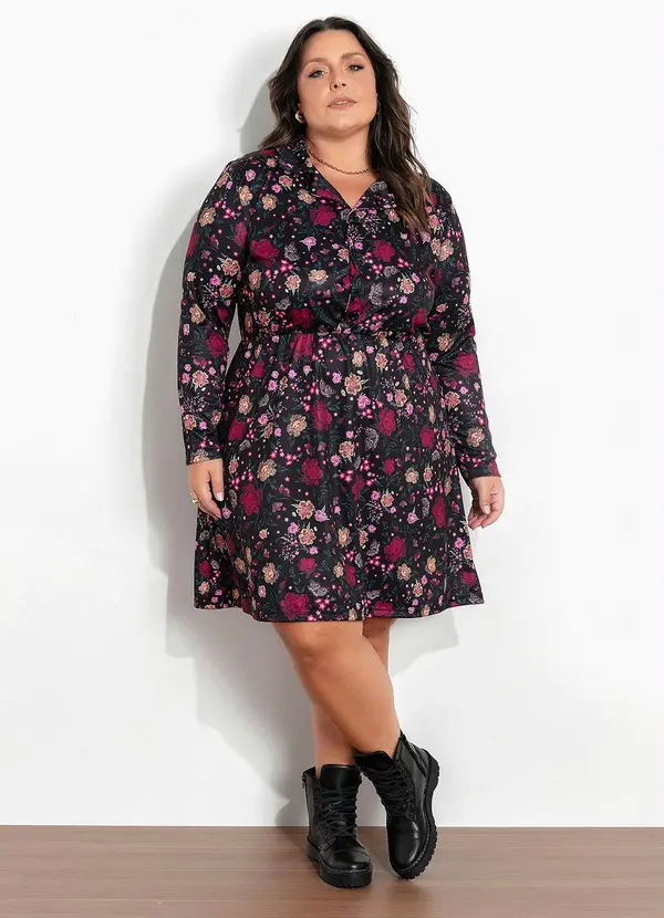 Marguerite - Vestido Floral Preto com Botões Plus Size 2