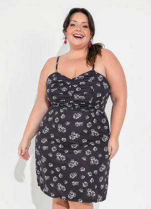 Vestido (Floral Preto) com Franzidos Plus Size