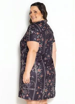 Marguerite - Vestido Floral Preto com Gola e Botões Plus Size - MARGUERITE