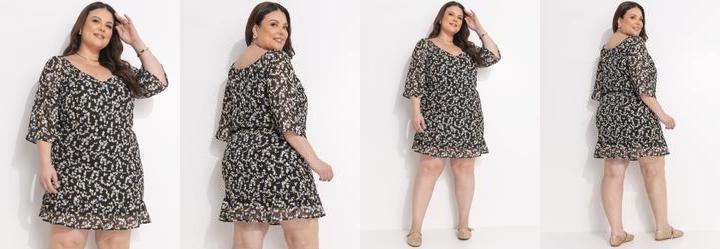 Vestido Floral Preto em Crepe Plano