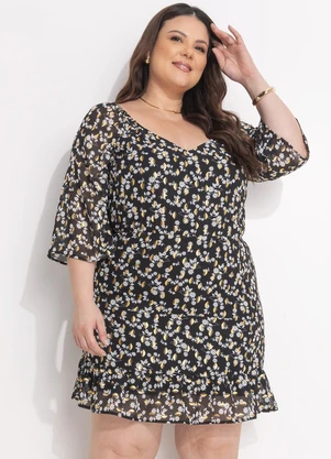 Marguerite - Vestido Floral Preto em Crepe Plano - MARGUERITE