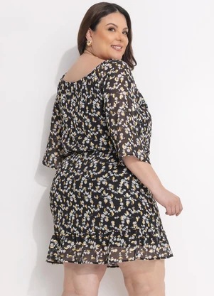 Marguerite - Vestido Floral Preto em Crepe Plano - MARGUERITE