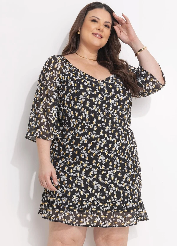 Marguerite - Vestido Floral Preto em Crepe Plano