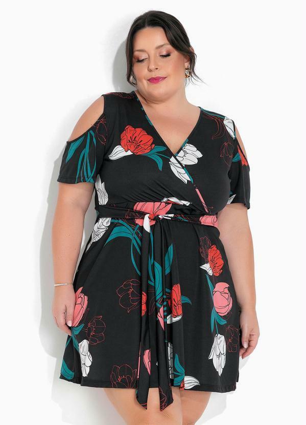 Marguerite - Vestido Floral Preto Transpassado Plus Size