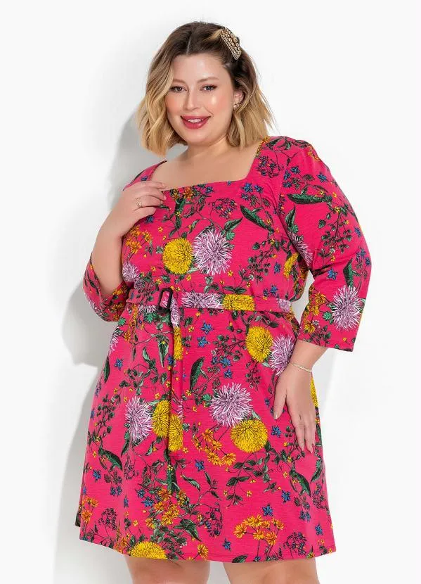 Marguerite - Vestido Floral Rosa com Faixa Grátis Plus Size