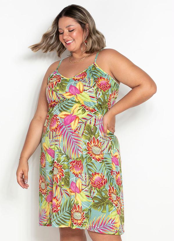 Outlet - Vestido Floral Verde com Franzidos Plus Size