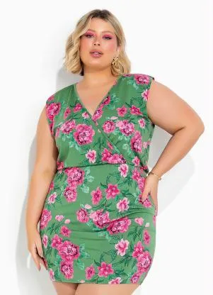 Queima Estoque - Vestido Floral Verde Transpassado Plus Size - QUEIMA ESTOQUE