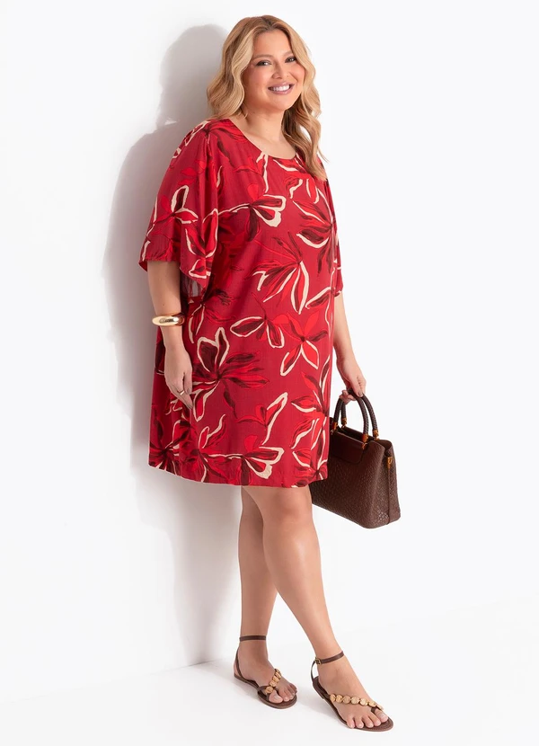 Marguerite - Vestido Floral Vermelho em Viscose Plana