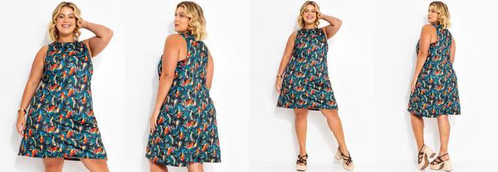 Vestido Folhagem Araras em Jersey Acetinado