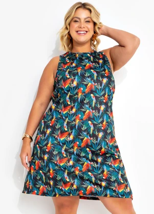 Marguerite - Vestido Folhagem Araras em Jersey Acetinado - MARGUERITE