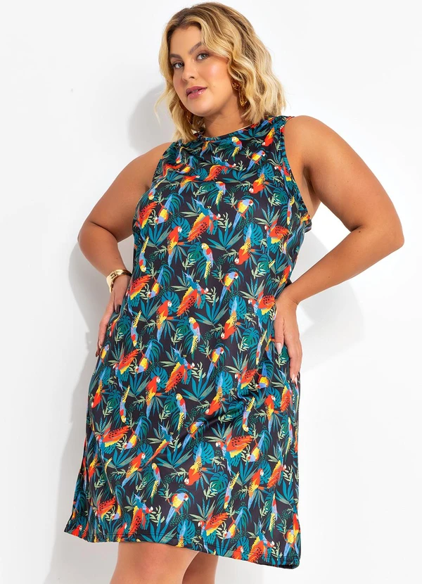 Marguerite - Vestido Folhagem Araras em Jersey Acetinado