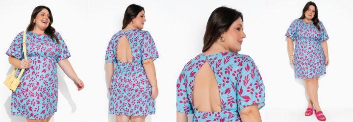 Vestido Folhas Azul com Recorte Vazado Plus Size