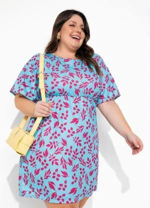 Marguerite - Vestido Folhas Azul com Recorte Vazado Plus Size - MARGUERITE