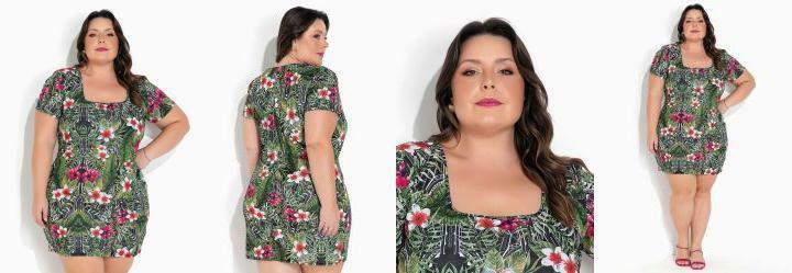 Vestido Folhas Verde Tubinho Plus Size