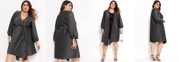 Vestido Kimono Preto em Malha com Lurex