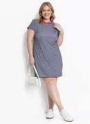 Vestido Listrado Azul Canelado com Bordado