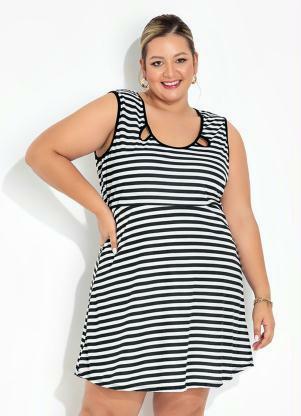 Vestido (Listrado) com Gotas no Decote Plus Size