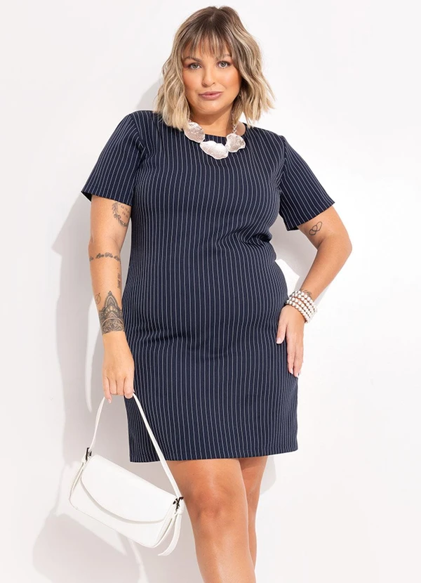 Marguerite - Vestido Listrado Marinho em Alfaiataria Risca de