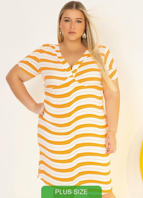 Cativa Plus Size - Vestido Manga Curta Estampado Laranja
