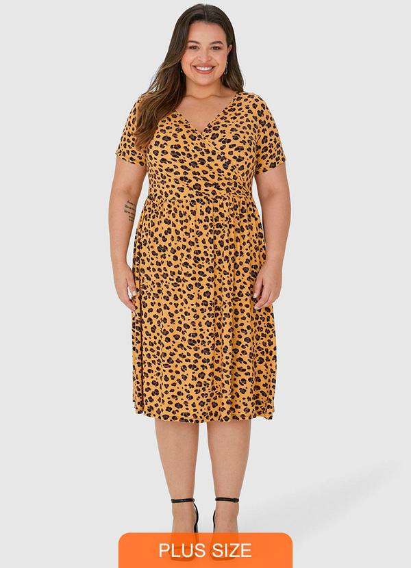 Malwee Plus - Vestido Marrom Transpassado Animal Print