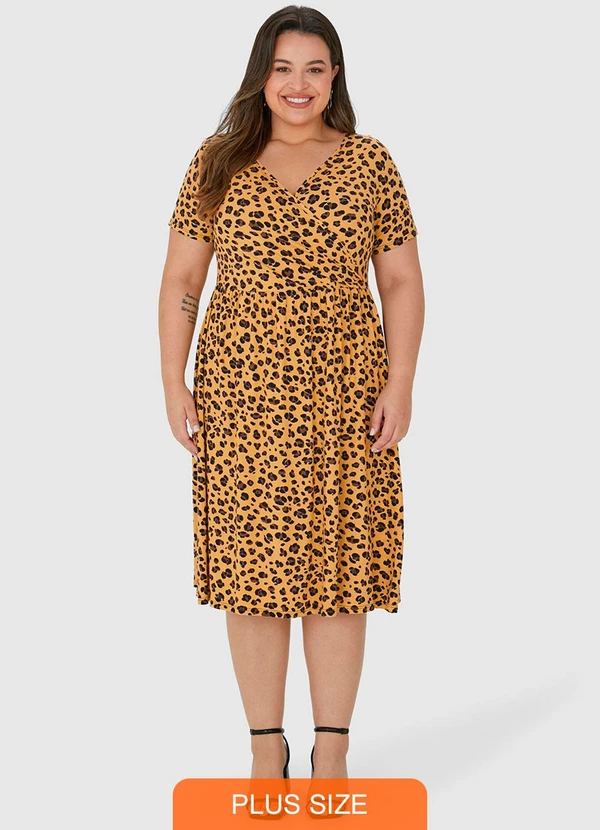 Malwee Plus - Vestido Marrom Transpassado Animal Print