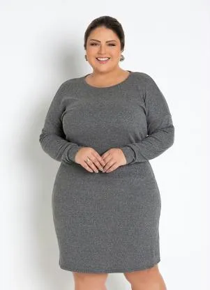 Basicamente - Vestido Mescla Escuro de Mangas Longas Plus Size - BASICAMENTE