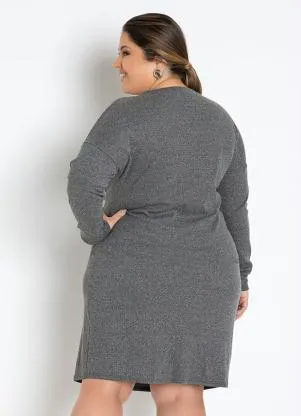 Basicamente - Vestido Mescla Escuro de Mangas Longas Plus Size - BASICAMENTE