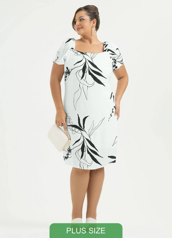 Cativa - Vestido Plus Size Curto em Viscose Off White