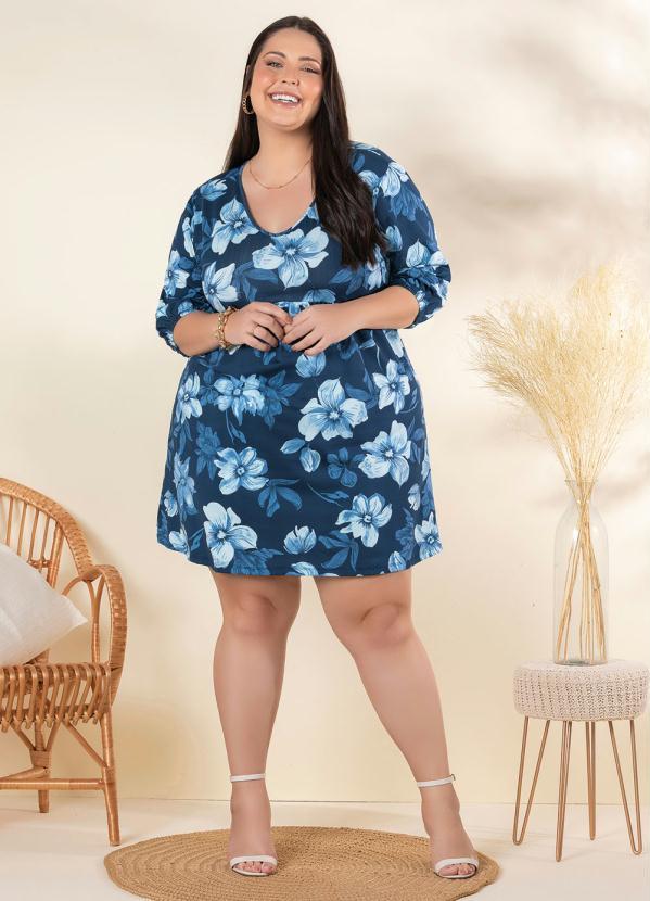 Outlet - Vestido Plus Size Floral Azul com Decote V 3