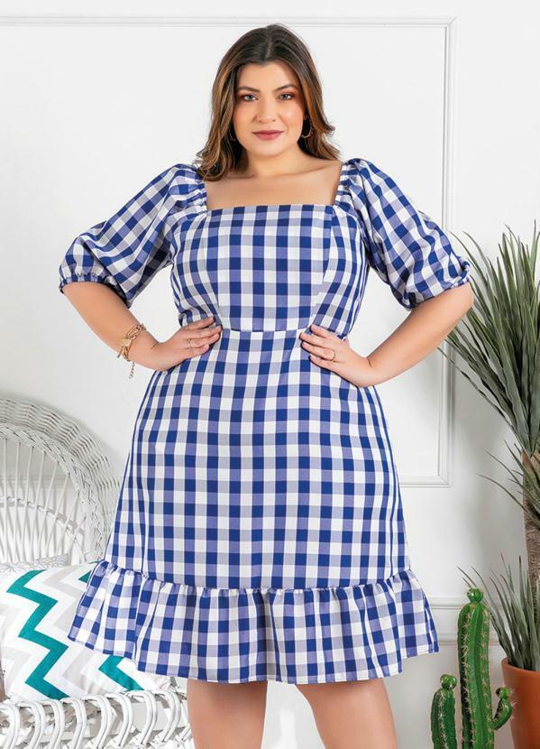 Mink - Vestido Plus Size Xadrez Azul Mangas Bufantes