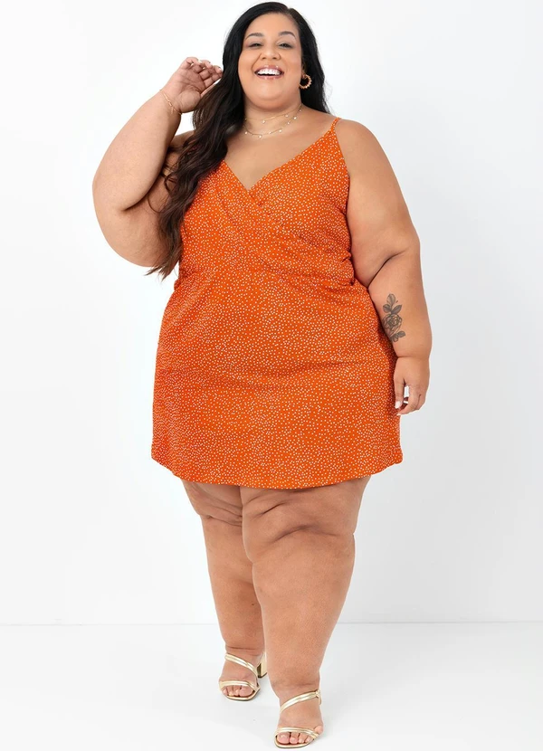 Marguerite - Vestido Poá Laranja Transpassado Plus Size