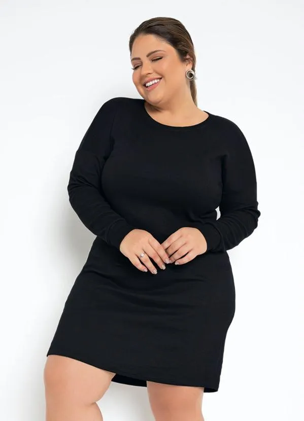 Basicamente - Vestido Preto com Mangas Longas Plus Size