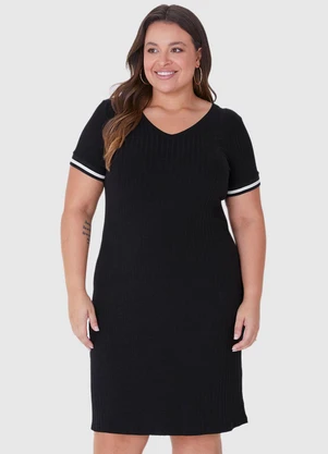 Malwee Plus - Vestido Preto Curto Canelado - MALWEE PLUS