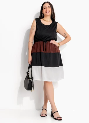 Marguerite - Vestido Preto em Malha de Poliéster Color Block - MARGUERITE