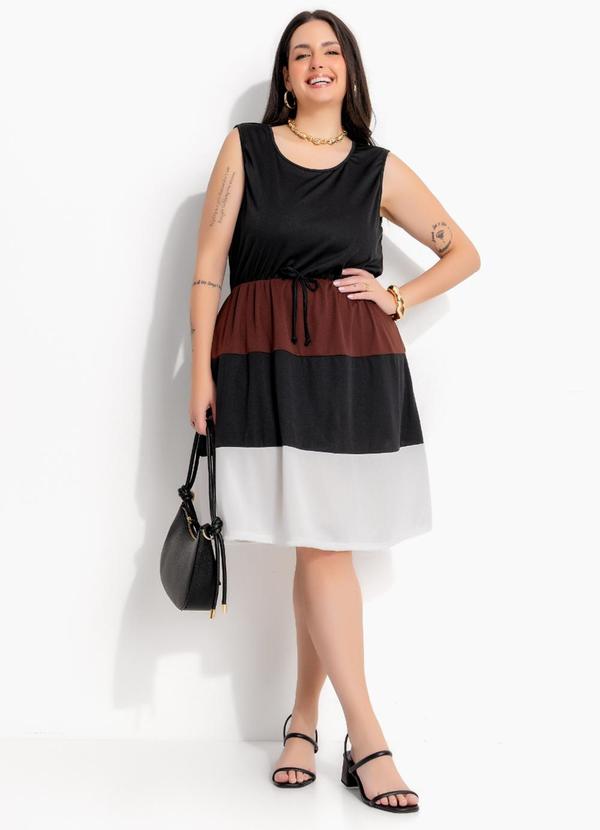 Marguerite - Vestido Preto em Malha de Poliéster Color Block