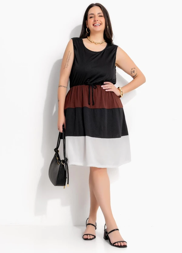 Marguerite - Vestido Preto em Malha de Poliéster Color Block