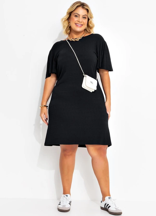 Marguerite - Vestido Preto em Malha Texturizada de Viscose