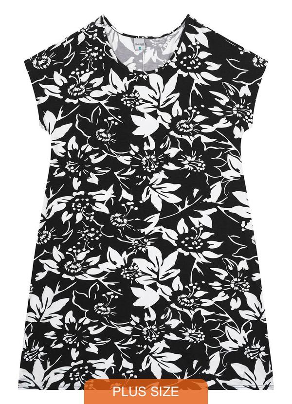 Malwee Plus - Vestido Preto Floral Evasê