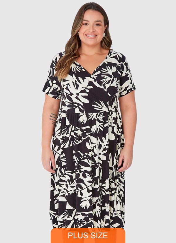 Malwee Plus - Vestido Preto Transpassado Tropical