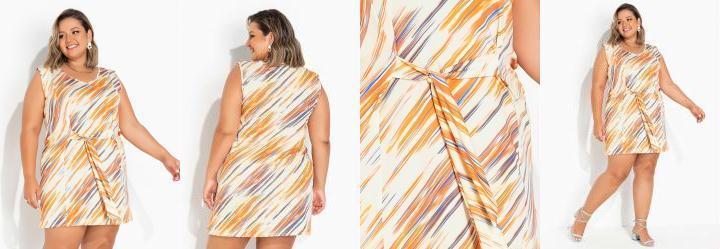 Vestido Rajado Amarelo com Amarra��o Plus Size