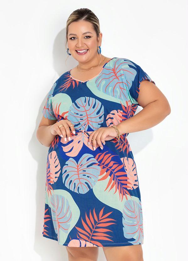 Marguerite - Vestido Soltinho Plus Size Folhagem Azul