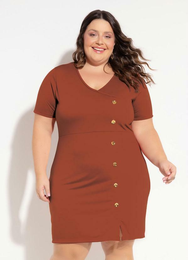 Vestido (Terracota) com Mangas Curtas Plus Size