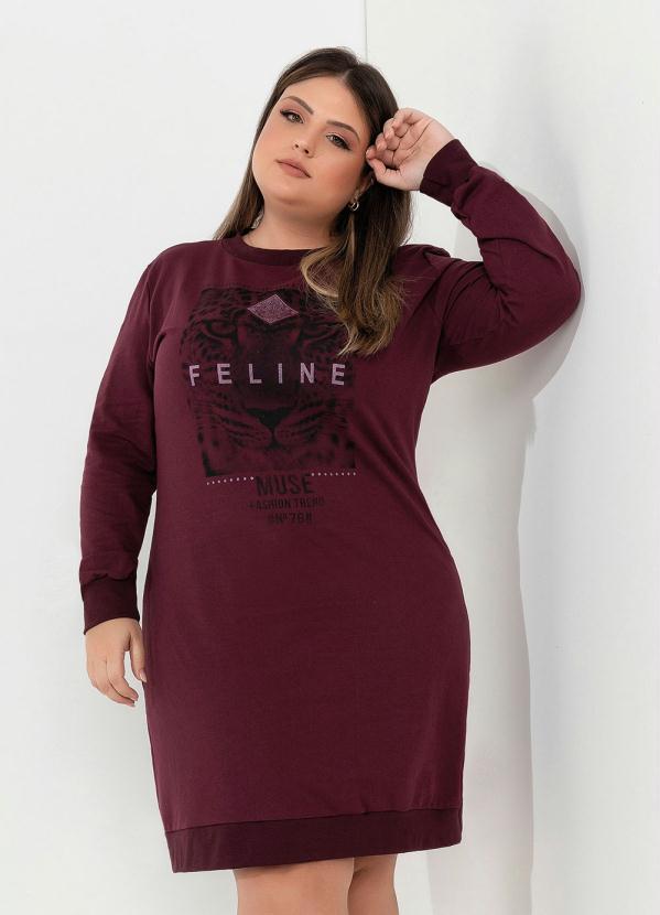 Marguerite - Vestido Vinho com Mangas Longas Plus Size