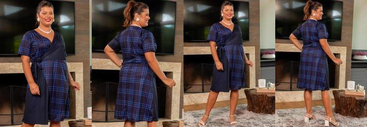 Vestido Xadrez Azul em Jersey Acetinado